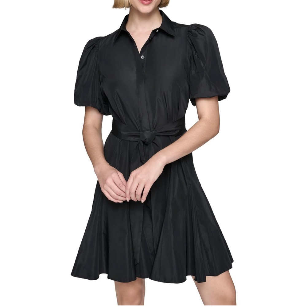 KARL LAGERFELD EMBELLISHED PUFF SLEEVE TAFFETA DRESS